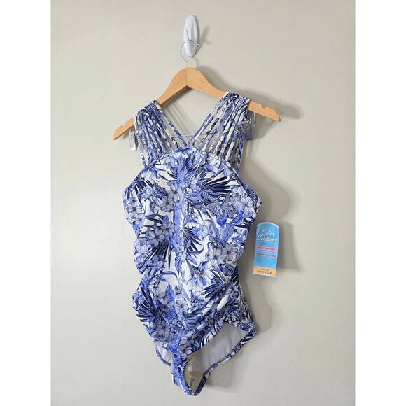 Swim Solutions Blue Floral Stretch Tummy Control One Piece Swimsuit Size 12 NEW - Picture 3 of 8